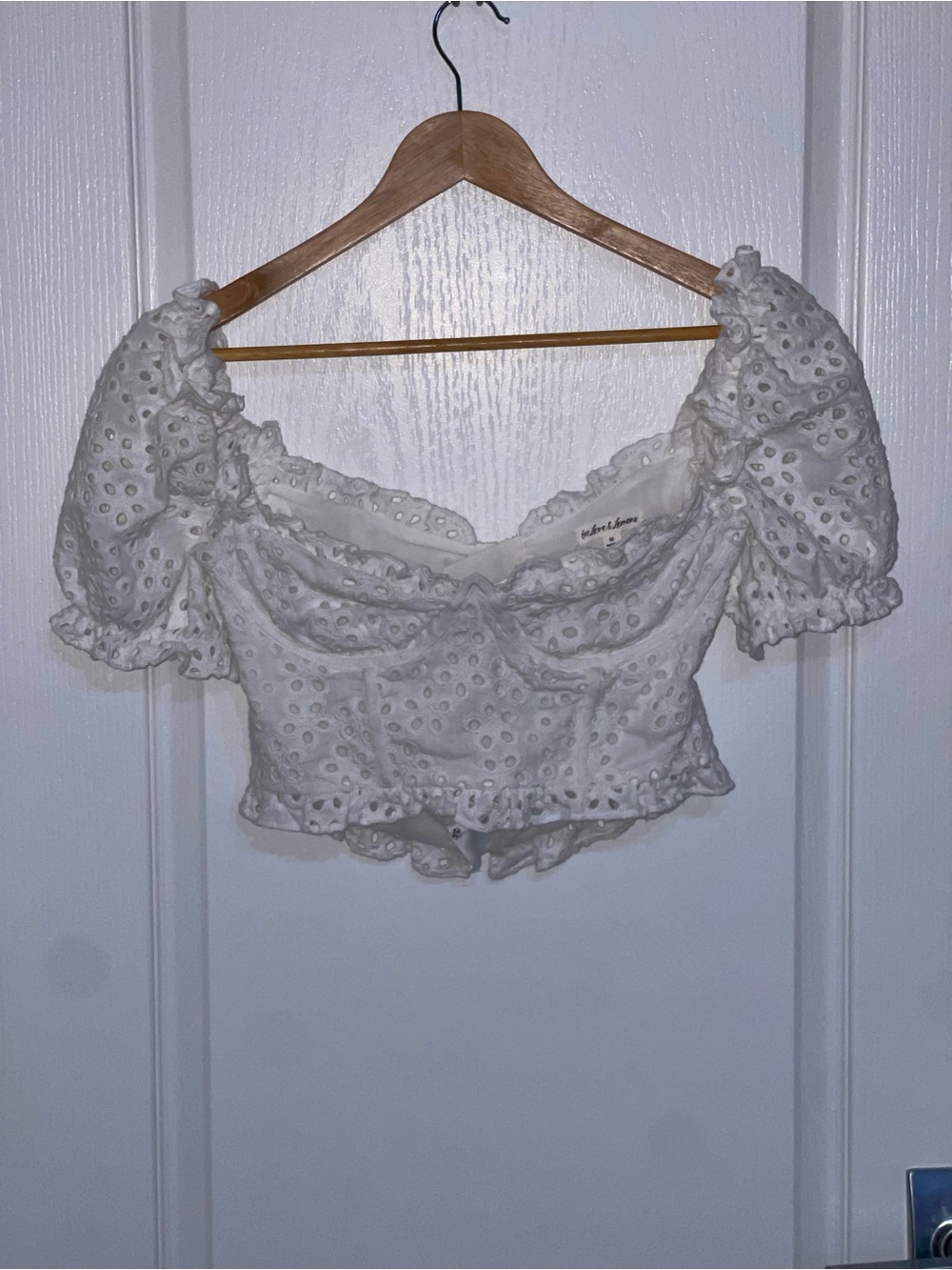 FOR LOVE & LEMONS White Eyelet Puff Sleeve Crop Top Lace Pouf Shoulder Medium - Picture 2 of 8
